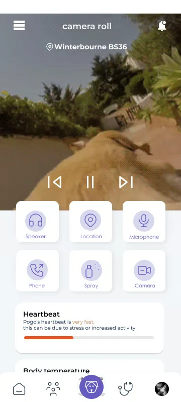 LAIKA collar camera view with location, communication controls and health indicators.