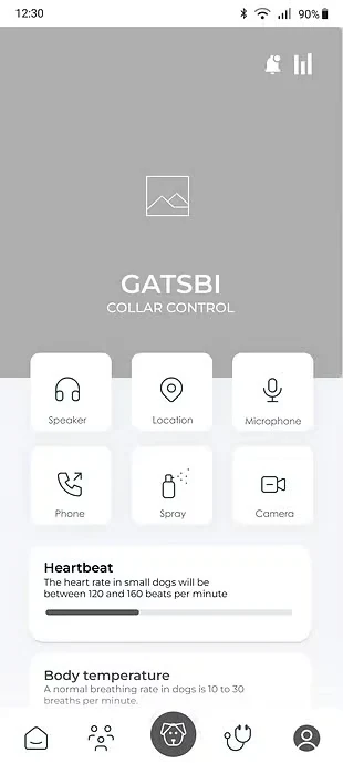 LAIKA collar-control wireframe with communication actions and health indicators.
