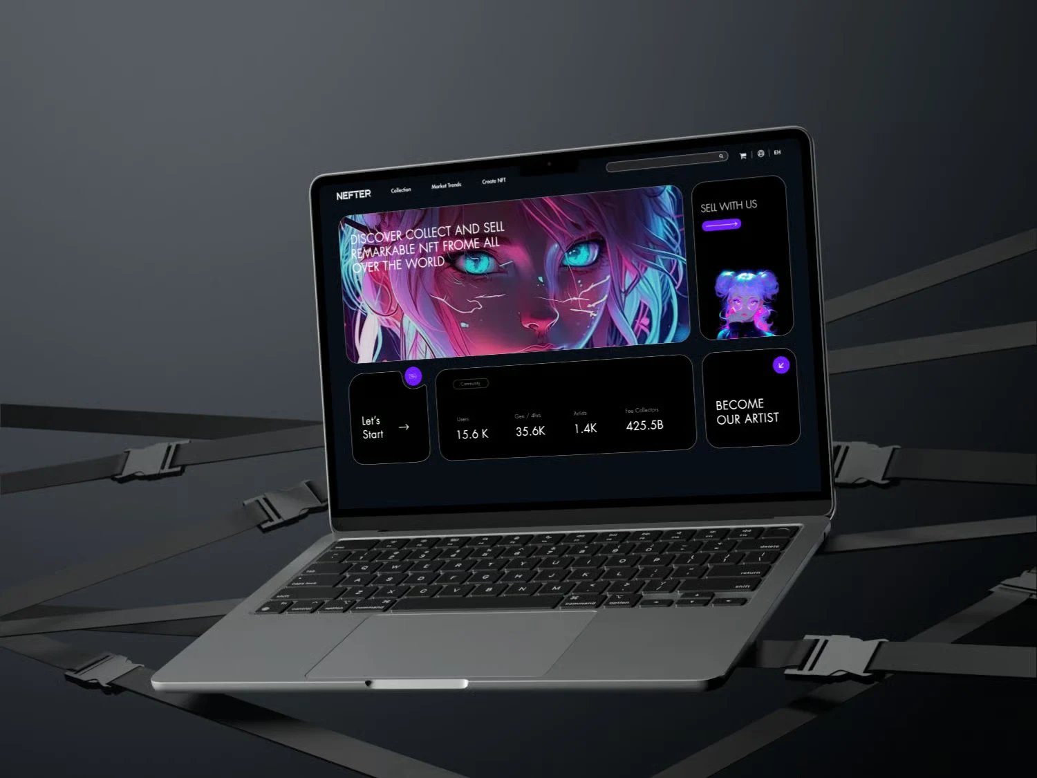 Original NEFTER marketplace design displayed on a laptop in a dark studio setting.