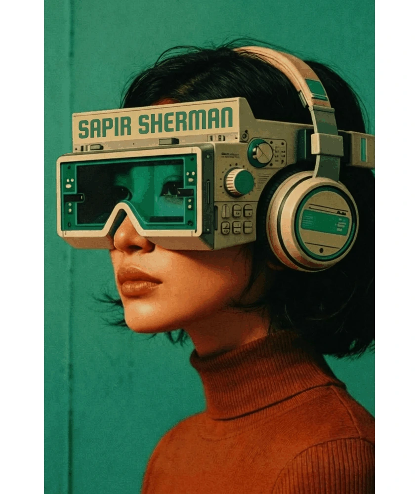 Sapir Sherman's original animated artwork: a woman wearing a futuristic headset, with SAPIR SHERMAN appearing above the goggles.