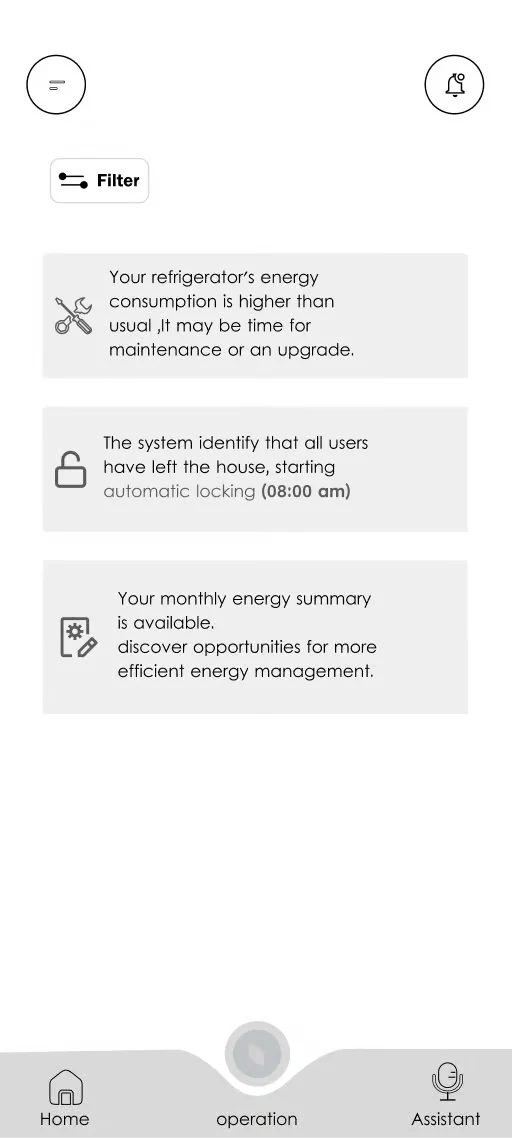 TERA notifications wireframe showing energy, automatic locking and monthly summary messages.