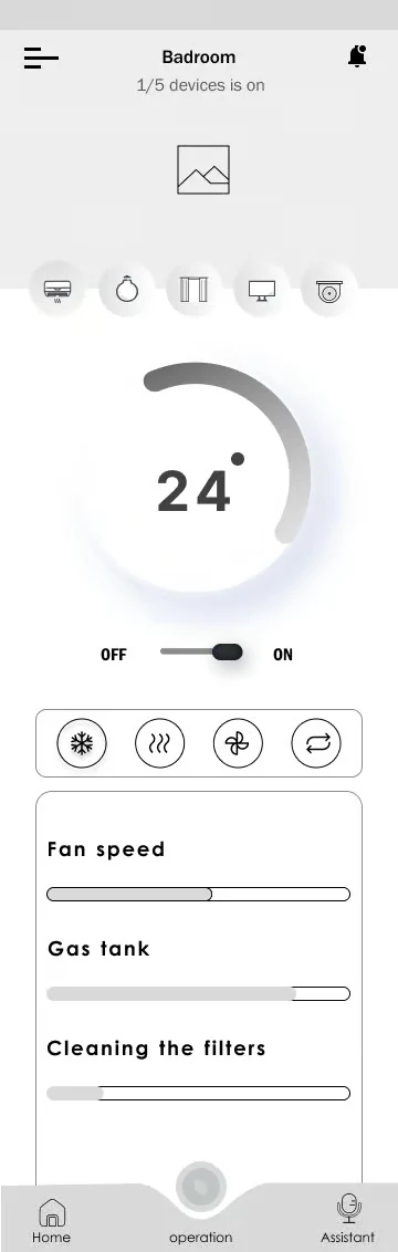 TERA room and climate wireframe with temperature and device controls.
