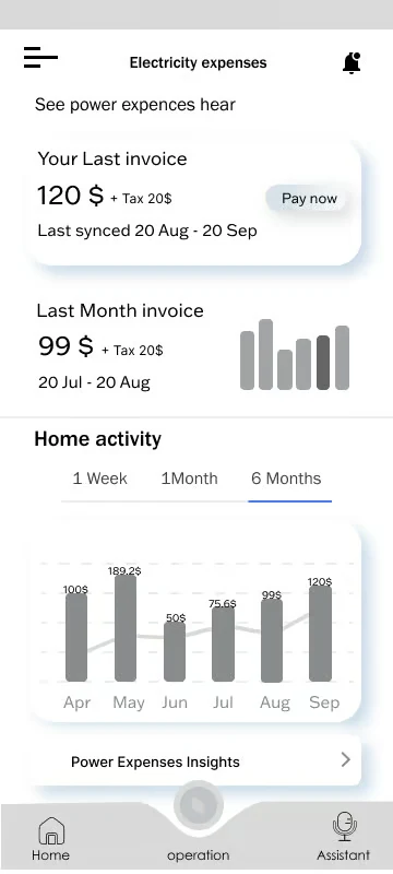 TERA energy dashboard wireframe with current consumption and historical charts.