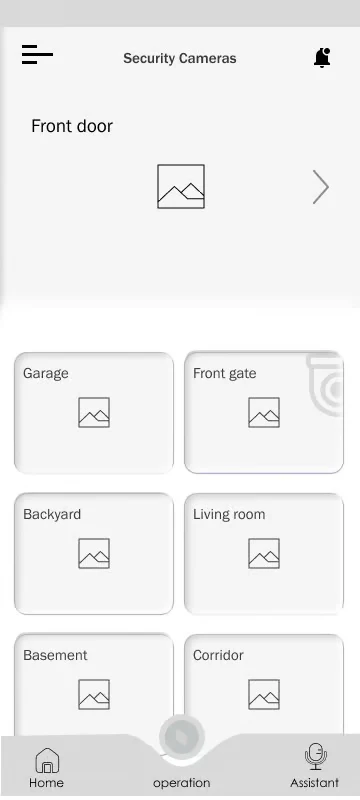 TERA security-camera wireframe showing the front door, garage and other household locations.